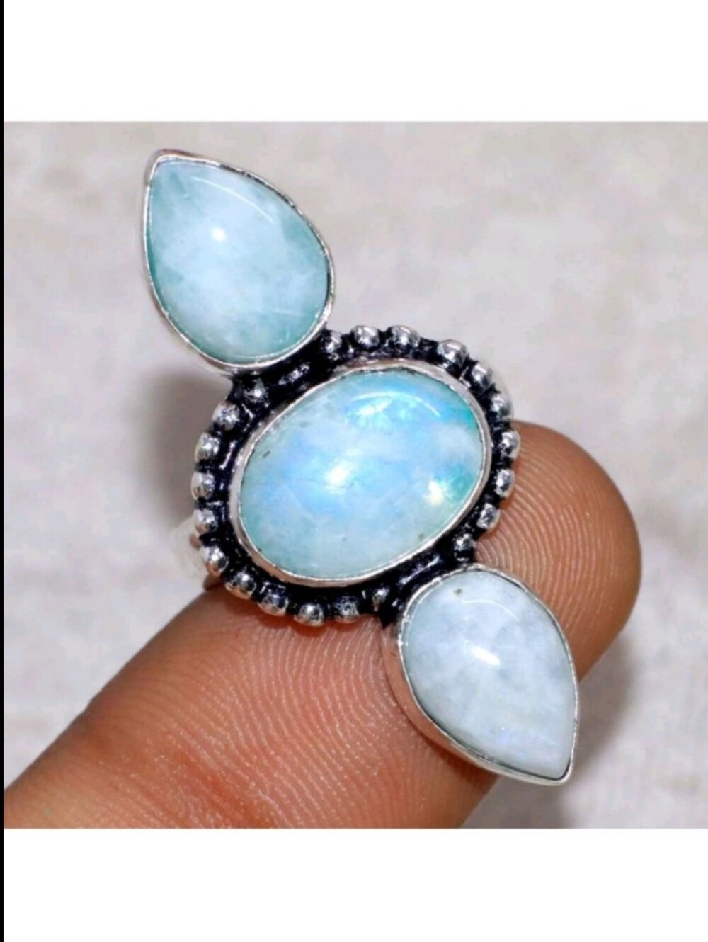 Rainbow Moonstone Blue Flash Gemstone 925 Sterling Silver Handmade Ring
